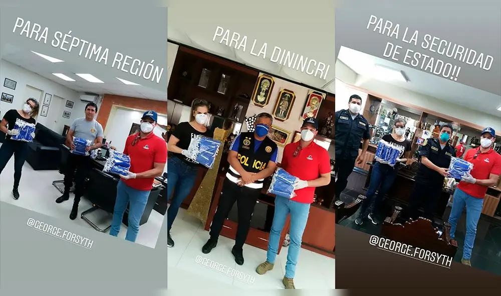 Alejandra Baigorria entregando mascarillas al lado de George Forsyth.