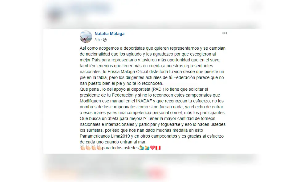 Natalia Málaga usó sus redes sociales para hacer la denuncia contra la Federación Deportiva de Tabla. Natalia Málaga usó sus redes sociales para hacer la denuncia contra la Federación Deportiva de Tabla.
