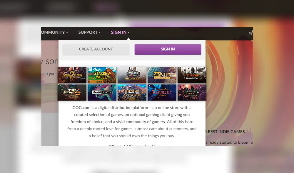 Solo es necesario crearse una cuenta (gratuita) en GOG.com, hazlo encontrando la opción en la parte superior del sitio.