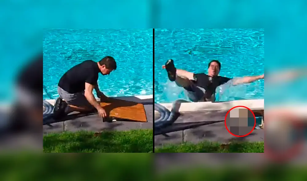 El hombre cayó a la piscina tras ver al animal que había debajo del trozo de madera. Foto: captura