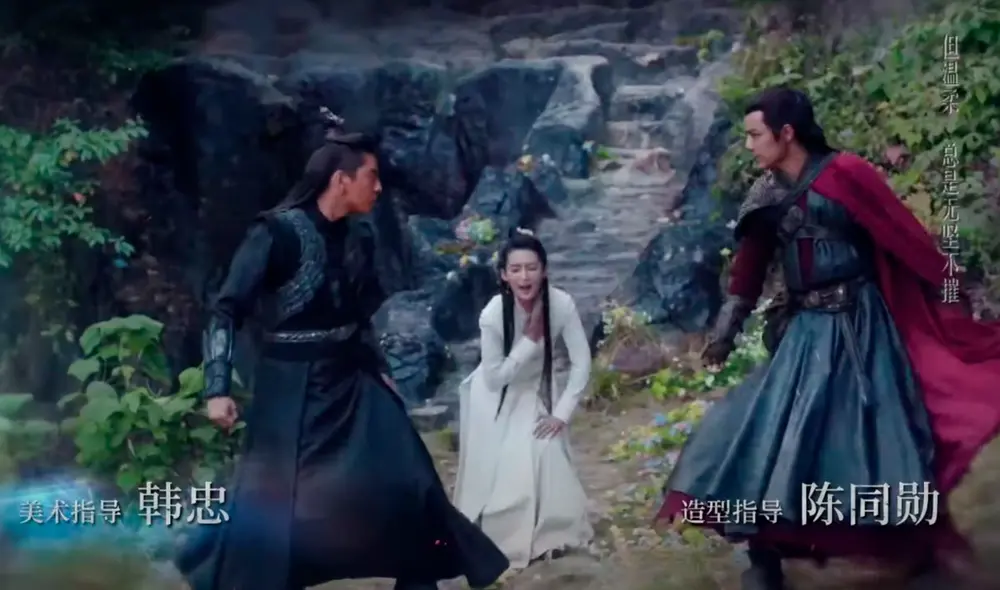 Captura de The wolf con los actores Darren Wang, Xiao Zhan y Li Qin. Foto: Weibo