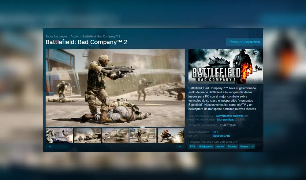 Battlefield Bad Company 2 (2010) ejemplo de título AAA publicado por EA, pero disponible en Steam.