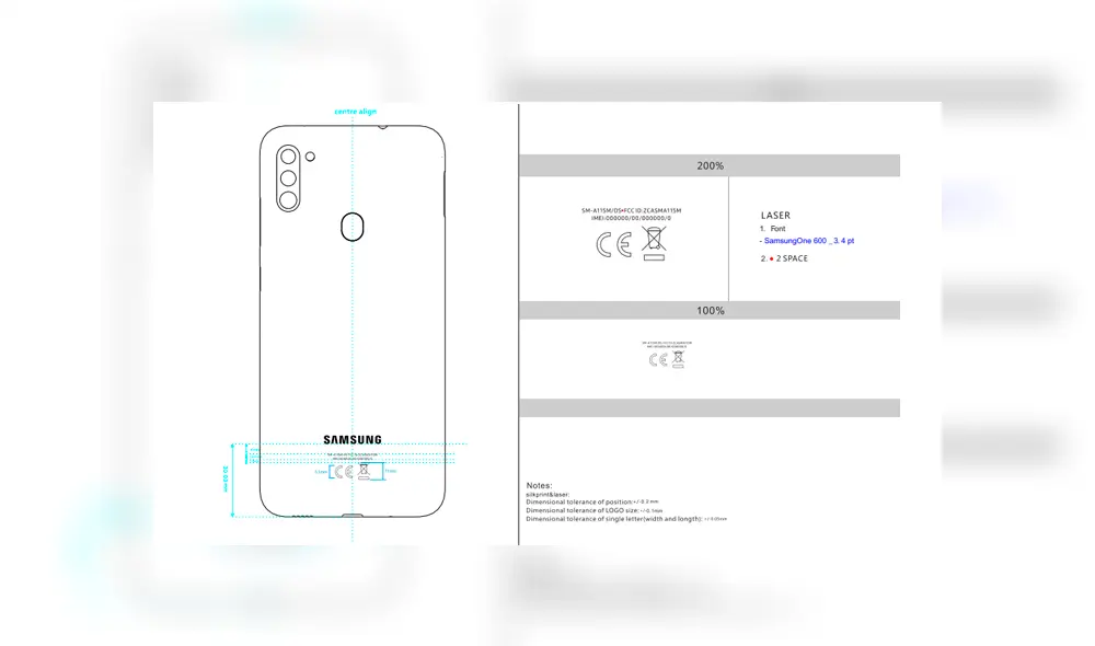 Diseño del Samsung Galaxy A11 presentado ante la Comisión Federal de Comunicaciones de los Estados Unidos.