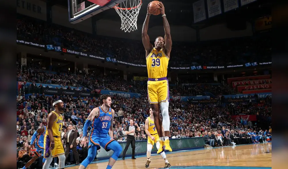 OKLAHOMA CITY, OK - NOVEMBER 22: Dwight Howard #39 of the Los Angeles Lakers gets a rebound during a game against the Oklahoma City Thunder on November 22, 2019 at Chesapeake Energy Arena in Oklahoma City, Oklahoma. NOTE TO USER: User expressly acknowledges and agrees that, by downloading and or using this photograph, User is consenting to the terms and conditions of the Getty Images License Agreement. Mandatory Copyright Notice: Copyright 2019 NBAE   Joe Murphy/NBAE via Getty Images/AFP