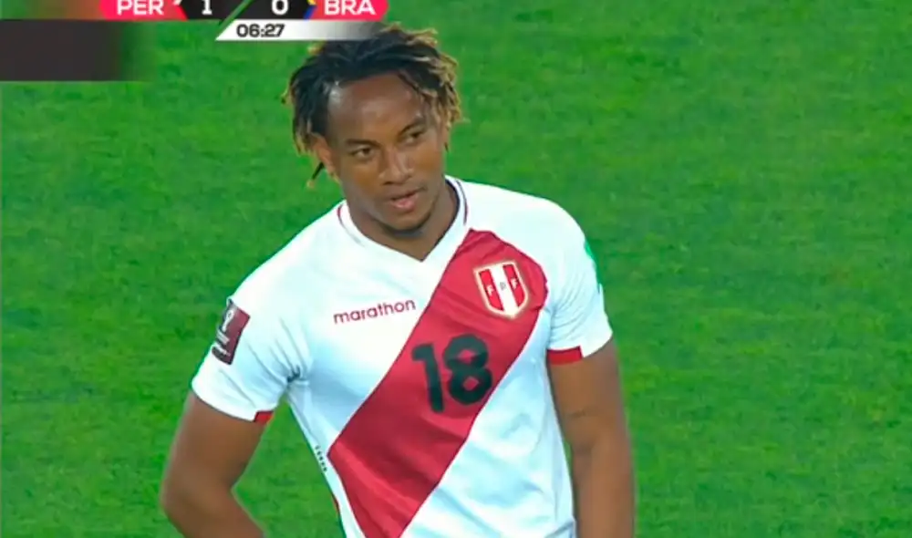 André Carrillo marcó el 1-0 en el Perú vs. Brasil por la fecha 1 de las Eliminatorias Qatar 2022. Foto: Captura de Movistar Deportes