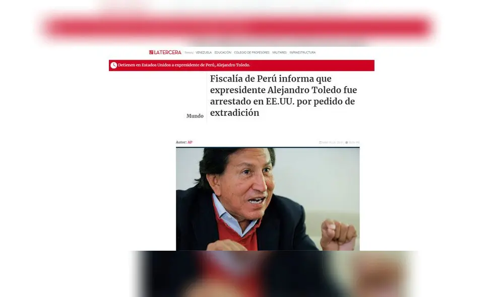 La Tercera: Fiscalía de Perú informa que expresidente Alejandro Toledo fue arrestado en EE.UU. por pedido de extradición La Tercera: Fiscalía de Perú informa que expresidente Alejandro Toledo fue arrestado en EE.UU. por pedido de extradición