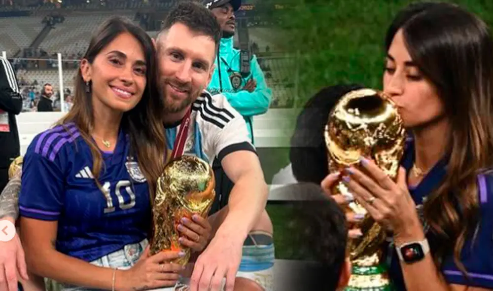 Messi le entrega la copa del mundo a Antonella Rocuzzo. Foto: Antonela Rocuzzo/Instagram/difusión