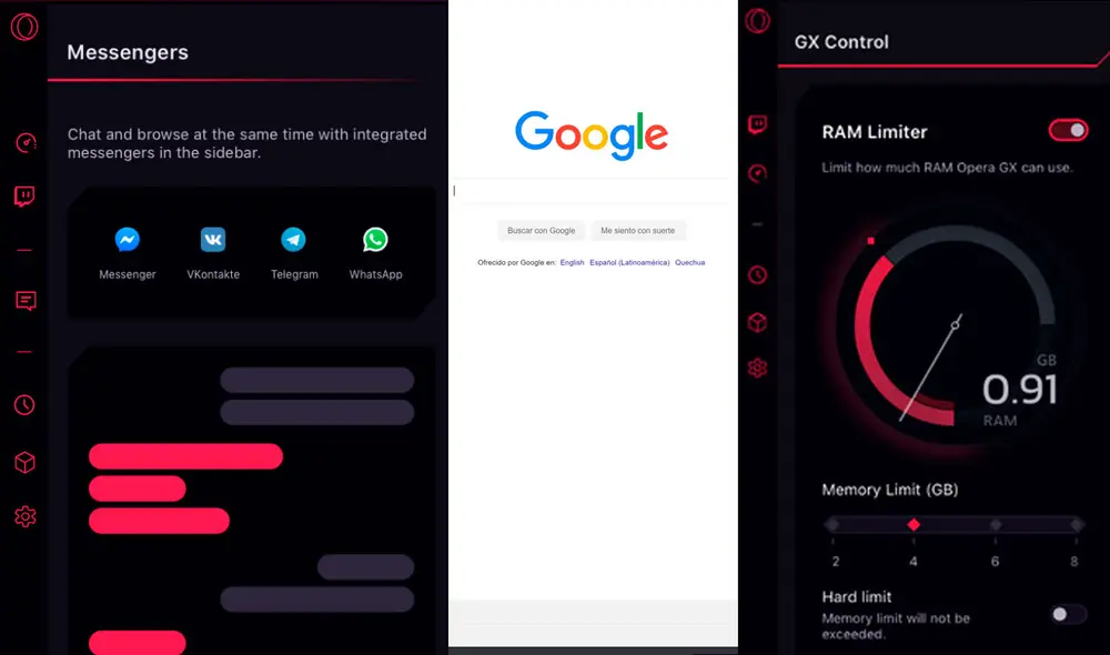Opera GX ofrece un ejército de opciones que bien podrían servir para el teletrabajo y otras actividades. Tiene un limitador de RAM, CPU y red, además de las útiles herramientas de su versión normal. Foto: Opera