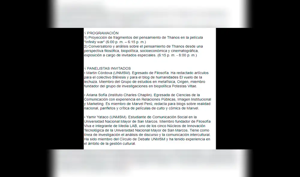 Facebook: UNMSM anuncia conversatorio extraordinario sobre "el pensamiento de Thanos" [FOTOS]