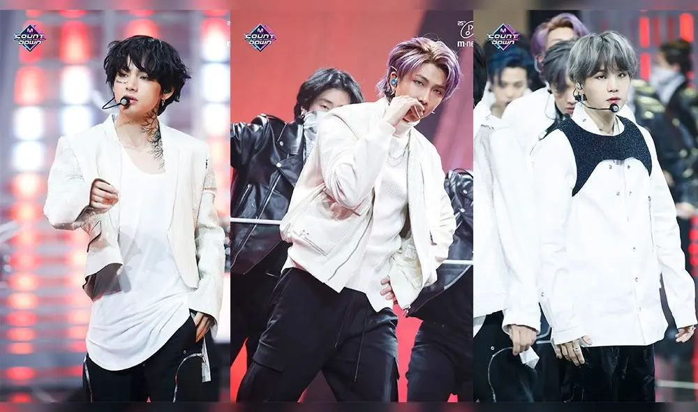 V, RM y Suga durante su performance oficial de "ON" en M Countdown.