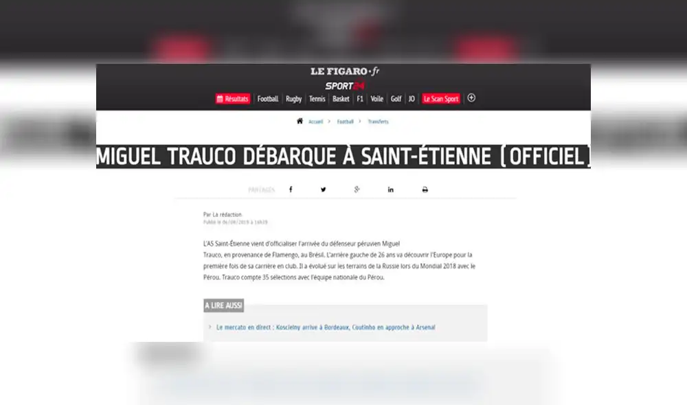 Así informaron los medios franceses sobre la incorporación de Miguel Trauco en el Saint Étienne.