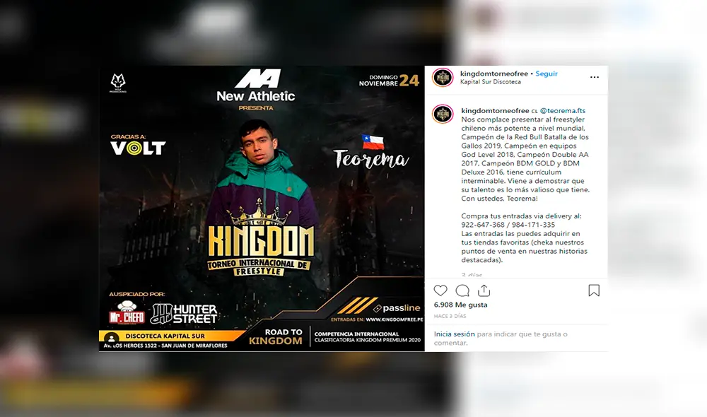 El freestyler chileno participará en el evento a realizarse el domingo 24 de noviembre y batallará por un cupo al Kingdom Premium 2020.