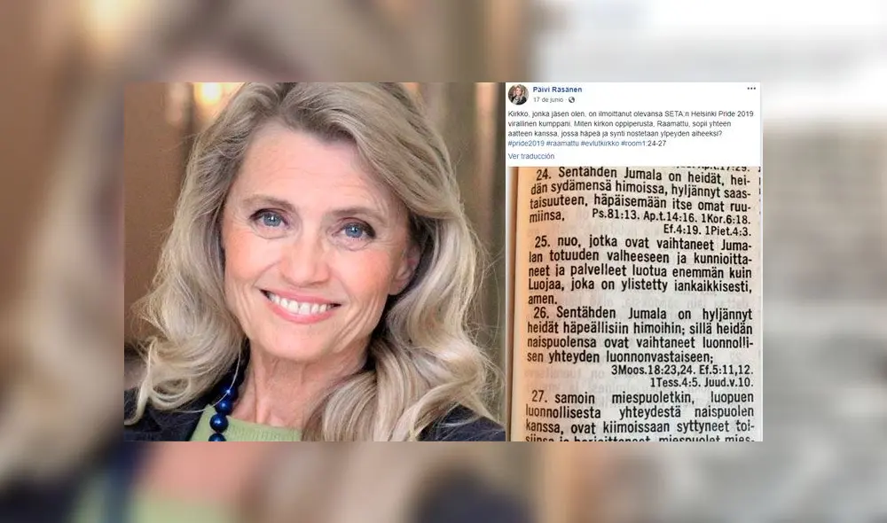 La congresista Päivi Räsänen compartió versos de la Biblia en Facebook.