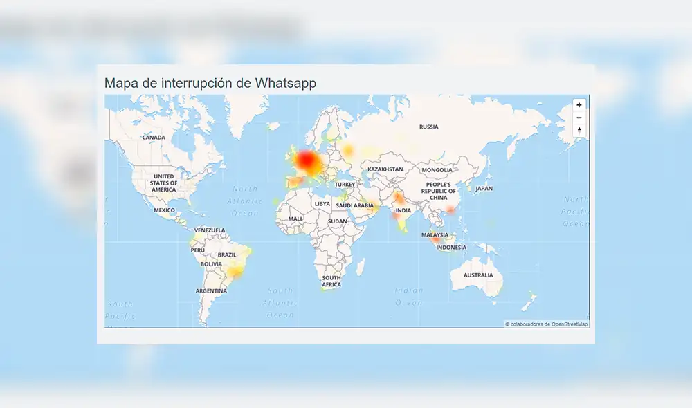 Mapa de incidencias que resalta los países más afectados por la caída de WhatsApp. | Fuente: DownDetector