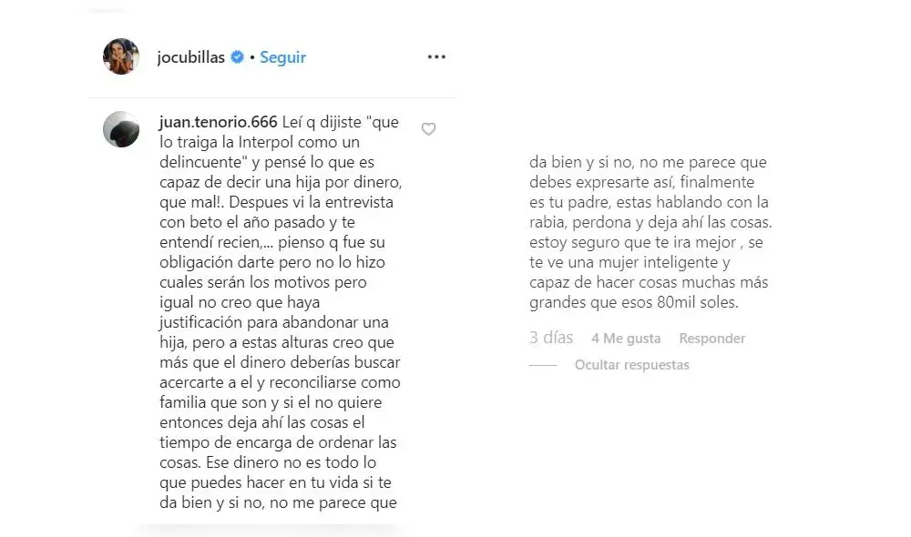 Johana Cubillas se defiende: “Soy la única que conoce la humillación y desamor de mi propio papá”