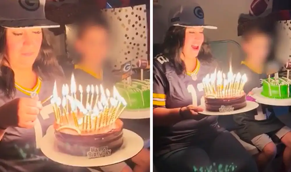 La mujer celebraba su cumpleaños junto a su hijo de siete años, empleando dos pasteles para que cada uno pudiera apagar sus velitas. Foto: captura de YouTube