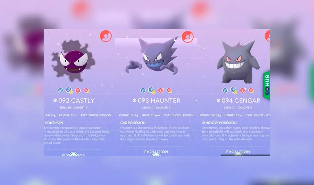Así lucen Gastly, Haunter y Gengar en su variante shiny dentro de Pokémon GO. Foto: GO Hub.