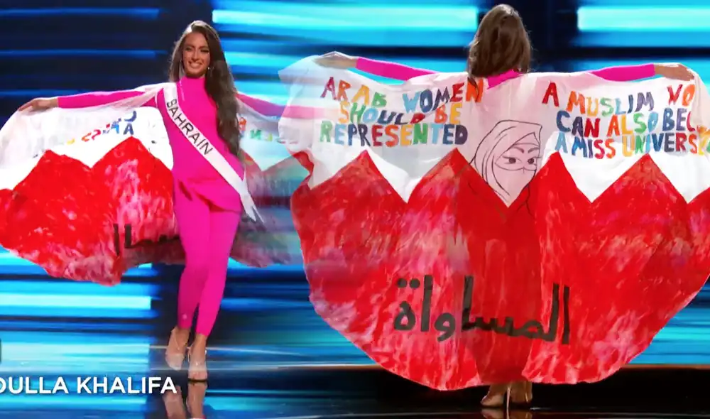 La Miss Bahrain, Evlin Abdulla Khalifa, no utilizó el traje de baño de dos piezas común entre las candidatas. Foto: @AboutHerOFCL/ Twitter/ composición LR