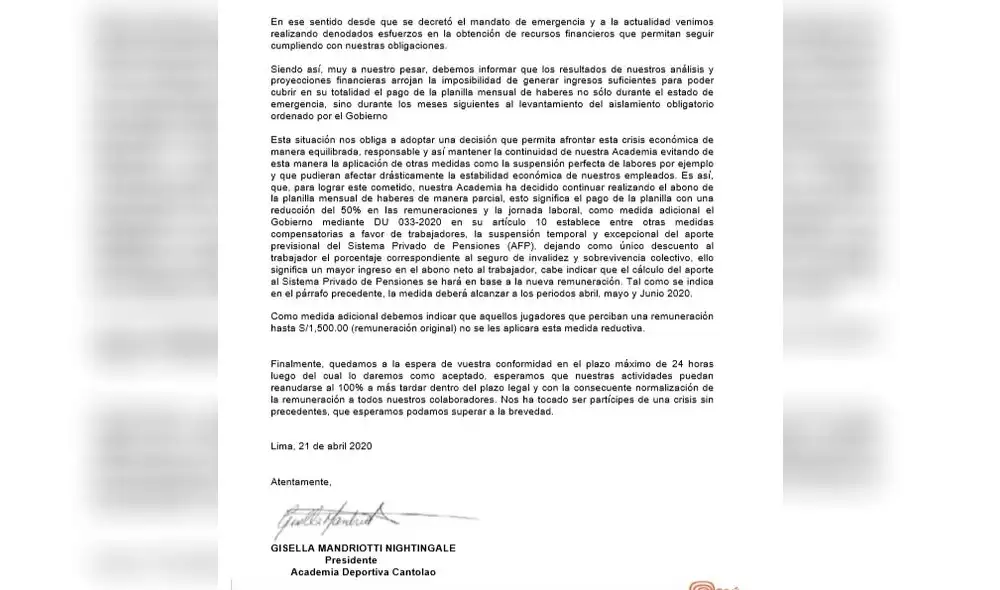 Cantolao propone reducir hasta 50% del salario a jugadores