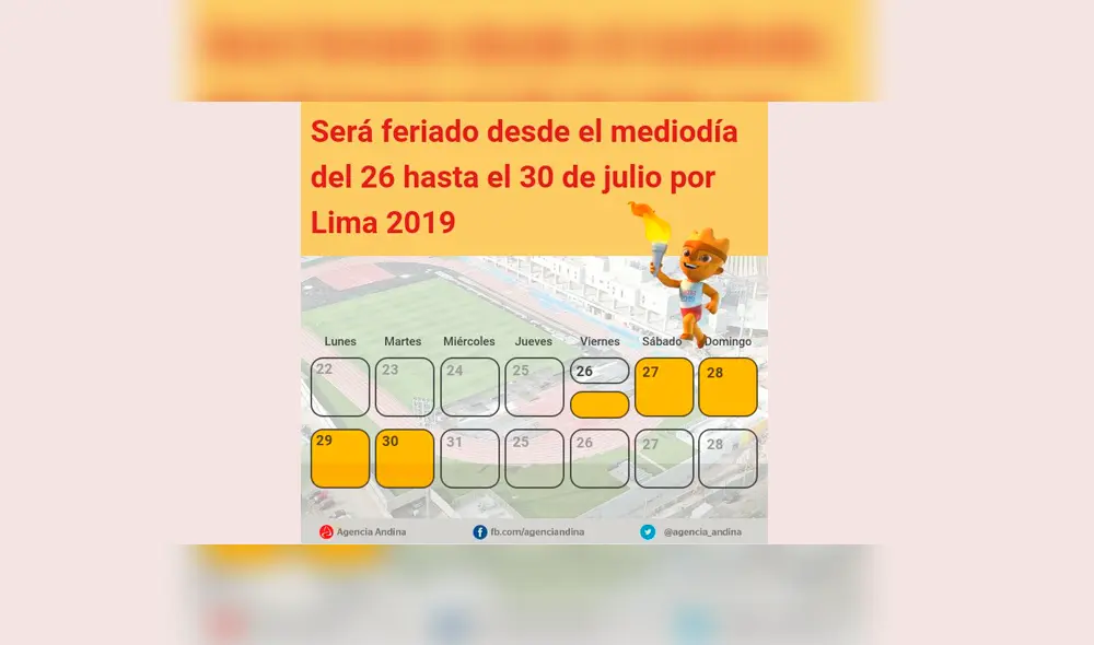 Calendario de feriados por Lima 2019. Fuente: Andina