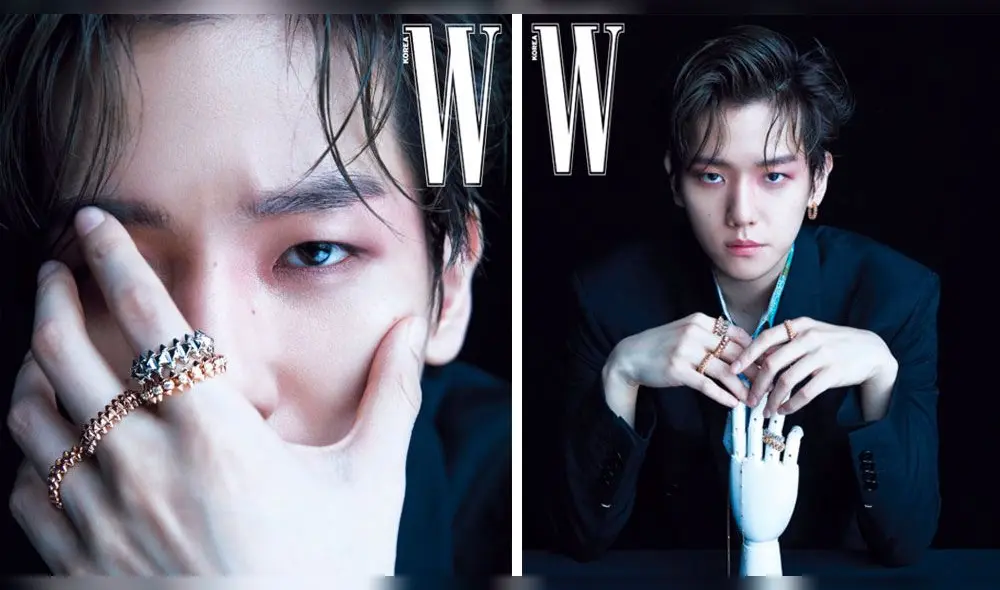 EXO: Baekhyun viste chaqueta negra y camisa de patrón artístico hecho por Berluti. Joyería colección Clash de Cartier.  Wkorea. Mayo, 2020.