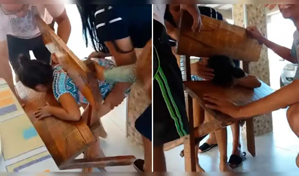YouTube: niña quiere escapar de almuerzo familiar pero queda atrapada en su silla [VIDEO]
