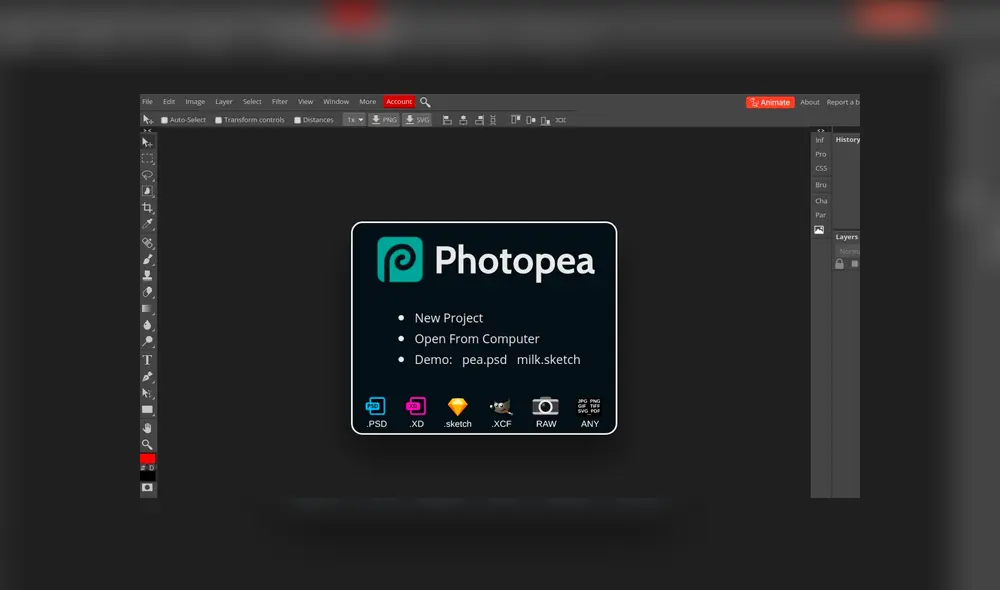 Photopea, un editor online muy similar a Photoshop capaz de hacer filtros, curvas y mucho más. Imagen: Photopea.com.
