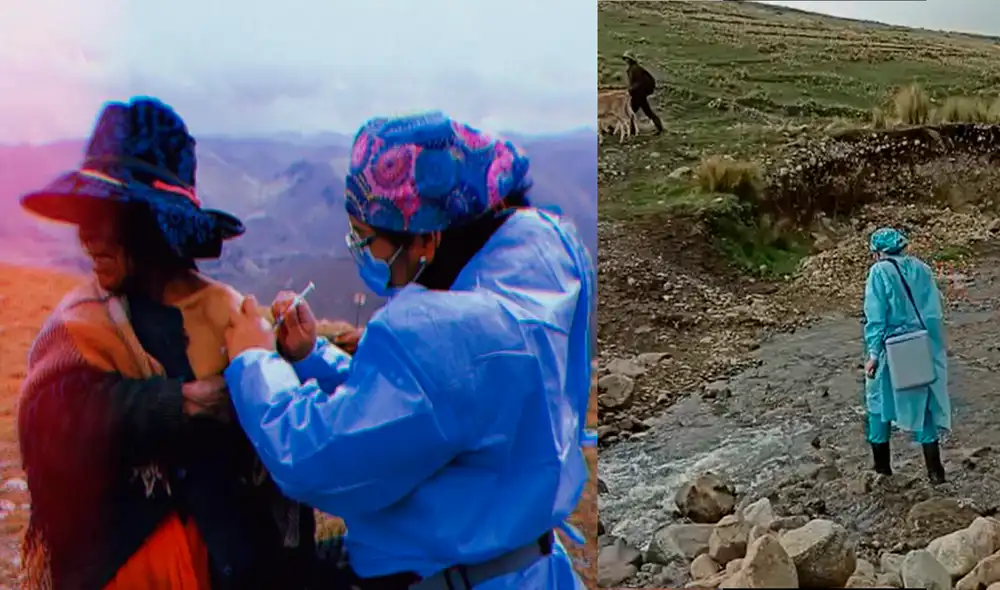 Enfermeras deben cruzar un riachuelo y cargar sus implementos en el hombro. Foto: Geresa Arequipa Enfermeras deben cruzar un riachuelo y cargar sus implementos en el hombro. Foto: Geresa Arequipa