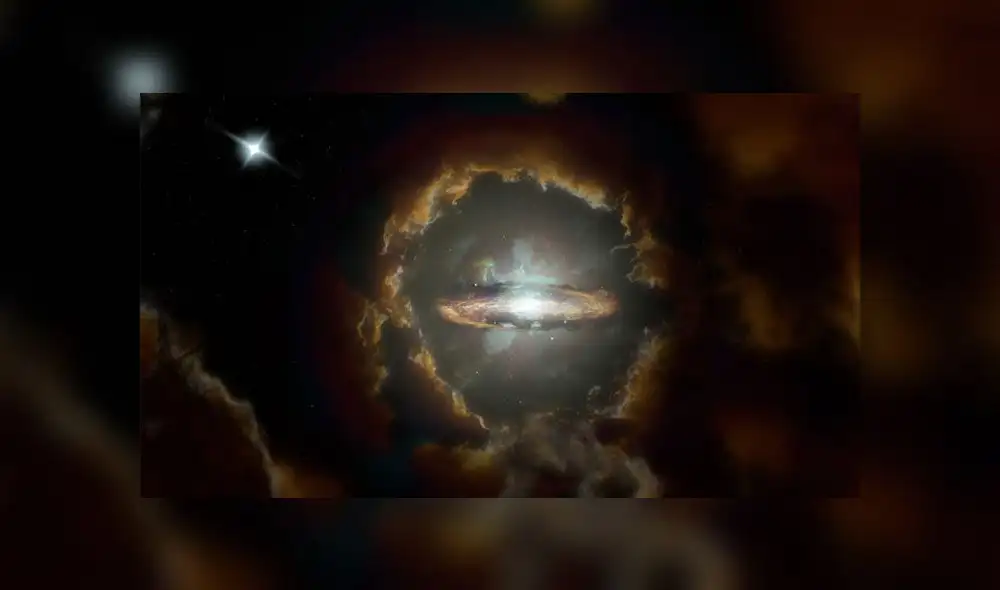 Galaxia Disco Wolfe, formada en el caótico y polvoriento universo primitivo. Imagen: NSF/AUI/NRAO.