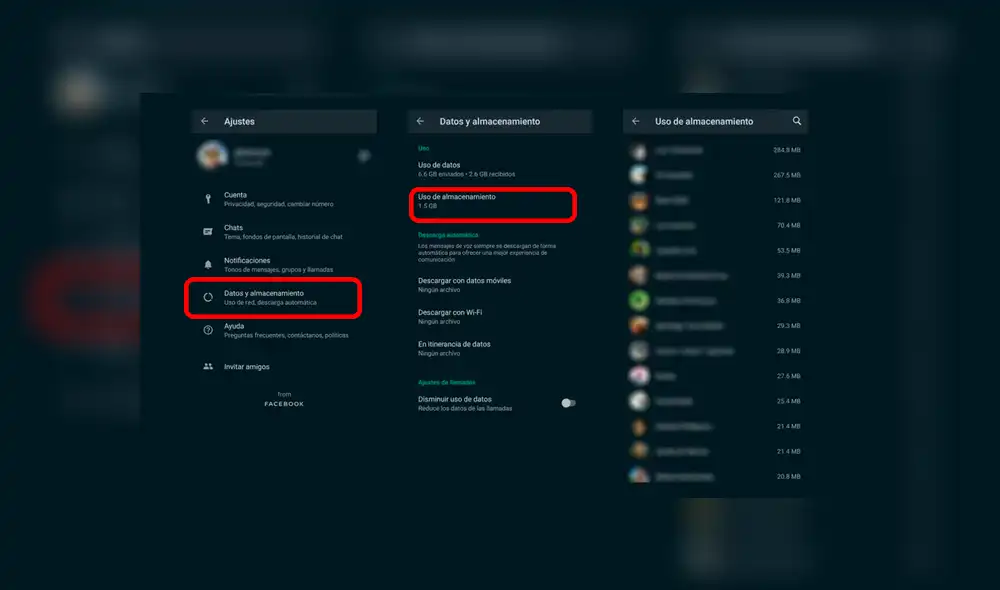 Para hacerlo solo ve a Ajustes de WhatsApp > Datos de almacenamiento > Uso de almacenamiento. Imagen: lanacion.com.ar.