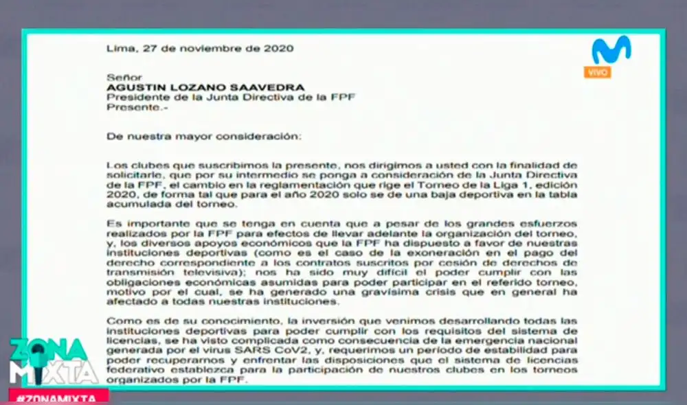 De acuerdo a esta carta, algunos clubes querrían disminuir el descenso. Foto: captura Zona Mixta