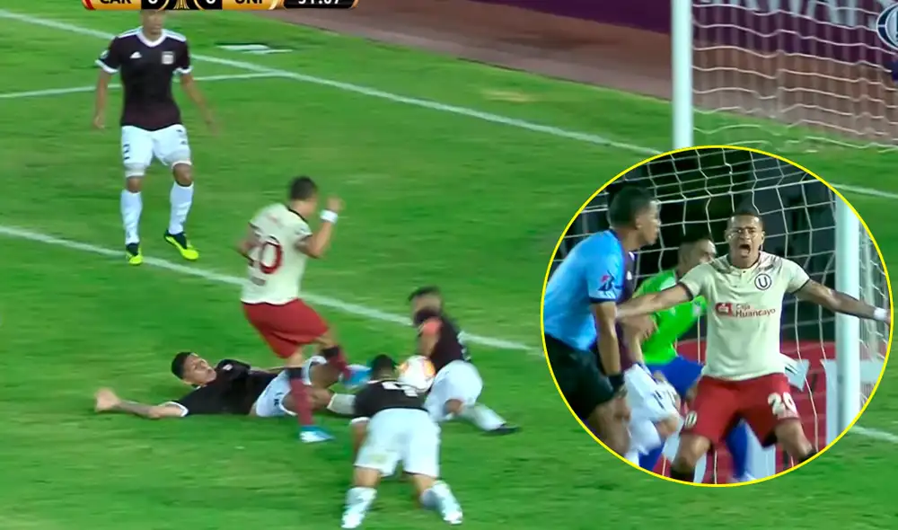 Jugadores de Universitario reclamaron por una supuesta mano en el área de Carabobo en la Copa Libertadores 2020. | Foto: Fox Sports 2
