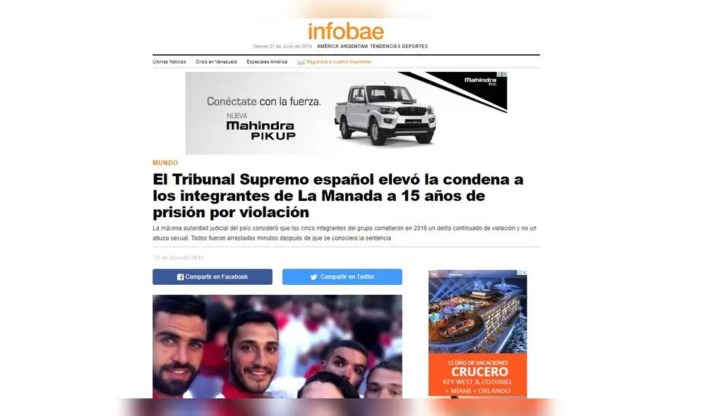 Así informa la prensa internacional sobre el fallo en el caso La Manada. Foto: Captura.