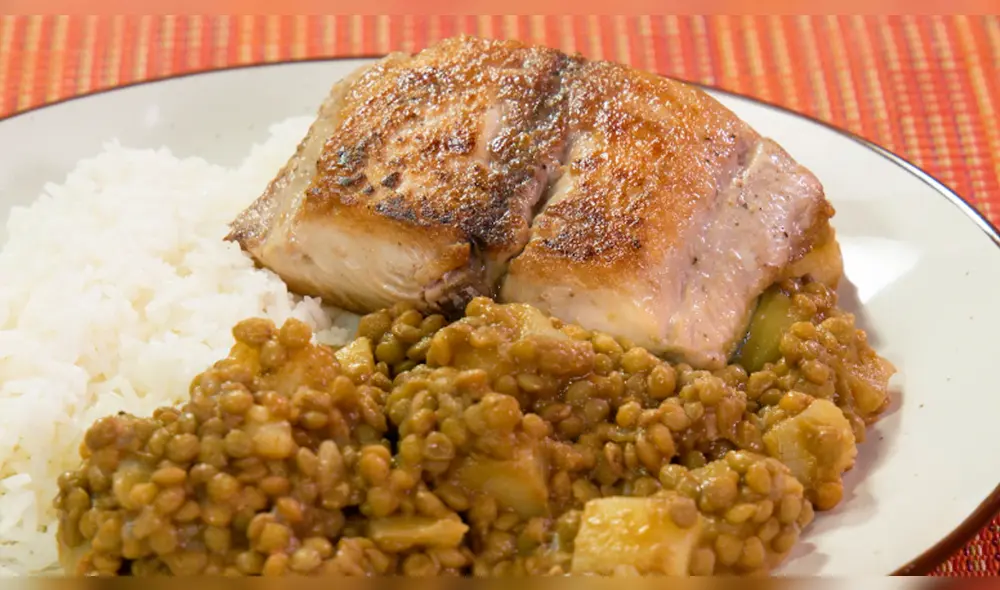 Lentejas con pescado frito