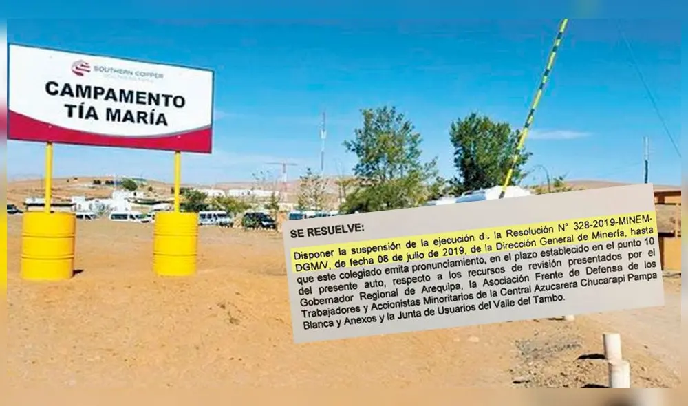 Resolución que suspende la licencia de construcción a favor del proyecto cuprífero Tía María en Arequipa. Resolución que suspende la licencia de construcción a favor del proyecto cuprífero Tía María en Arequipa.