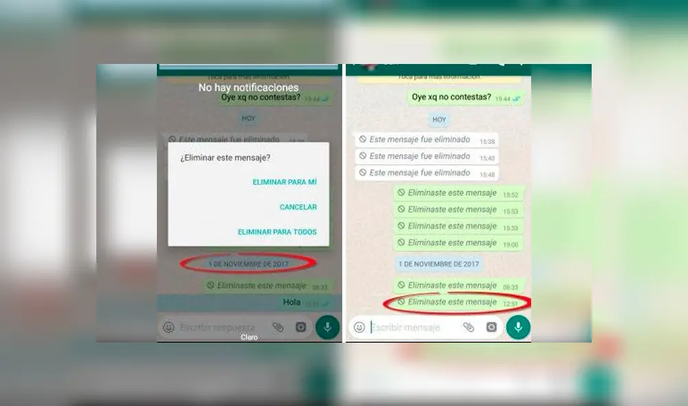 La única forma de eliminar mensajes de WhatsApp es esta. Foto: Captura.