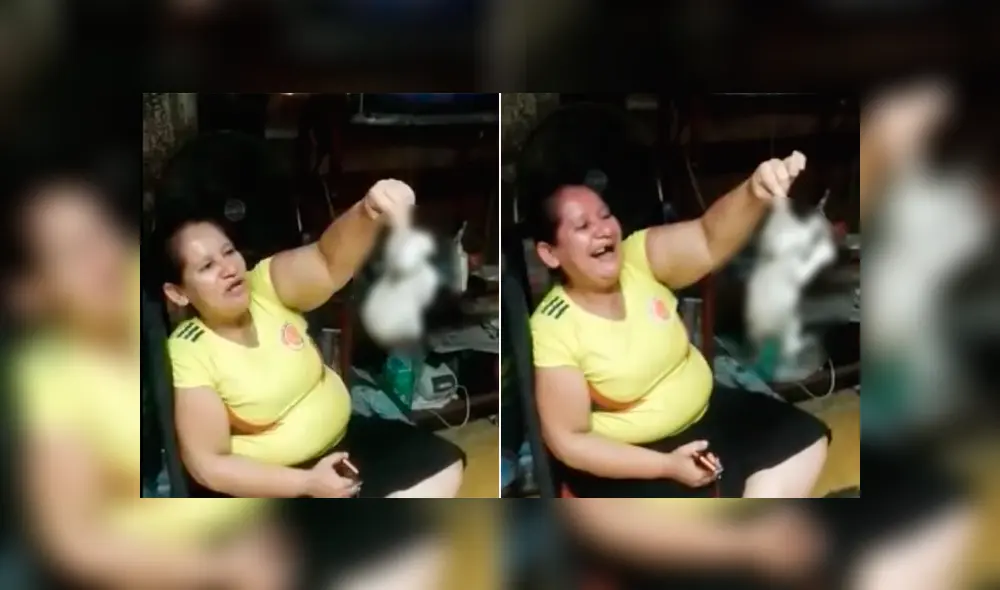 La mujer sostiene al gato bebé por su pequeña oreja, y al mismo tiempo, un hombre graba con su celular. Foto: Captura/Facebook La mujer sostiene al gato bebé por su pequeña oreja, y al mismo tiempo, un hombre graba con su celular. Foto: Captura/Facebook