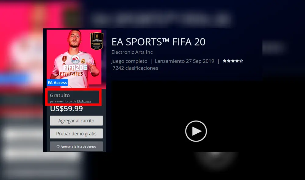 O buscarlo como "EA Access Hub" en la PSN Store para tener acceso gratuito a todo su catálogo de videojuegos.