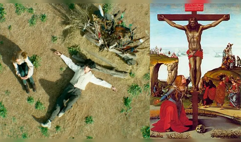 V aparece en una posición similar a la crucifixión junto a una niña. Algunos fans señalan que la niña podría ser María al pie de la cruz de Jesús.