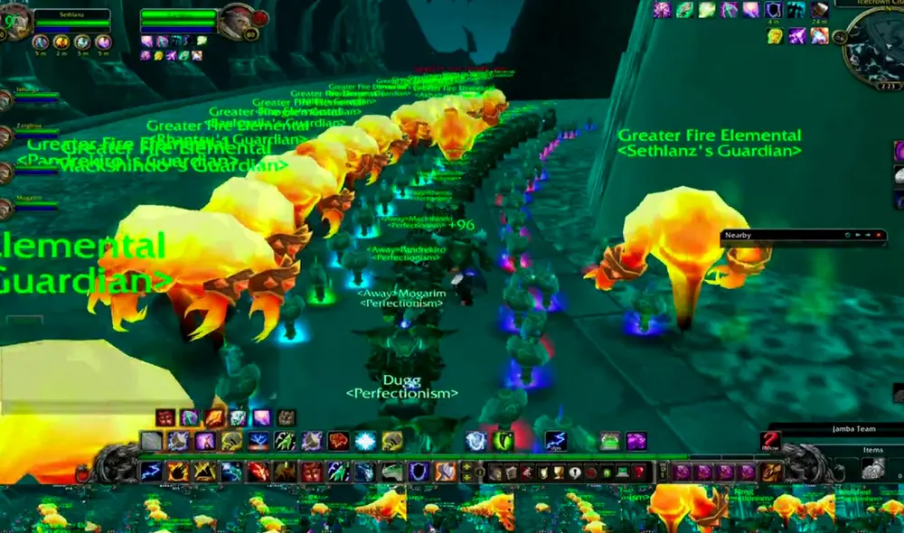 Multibox de shaman con elementales de fuego en World of Warcraft. Foto: Warmane