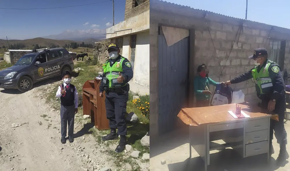 Agentes policiales de la comisaría de Polobaya, entregaron útiles y escritorios a escolares de diversos anexos. Foto: PNP Agentes policiales de la comisaría de Polobaya, entregaron útiles y escritorios a escolares de diversos anexos. Foto: PNP