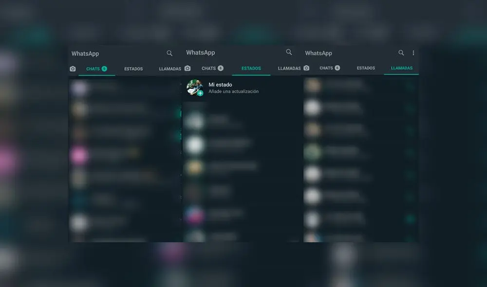 Interfaz del 'modo oscuro' de WhatsApp. Interfaz del 'modo oscuro' de WhatsApp.