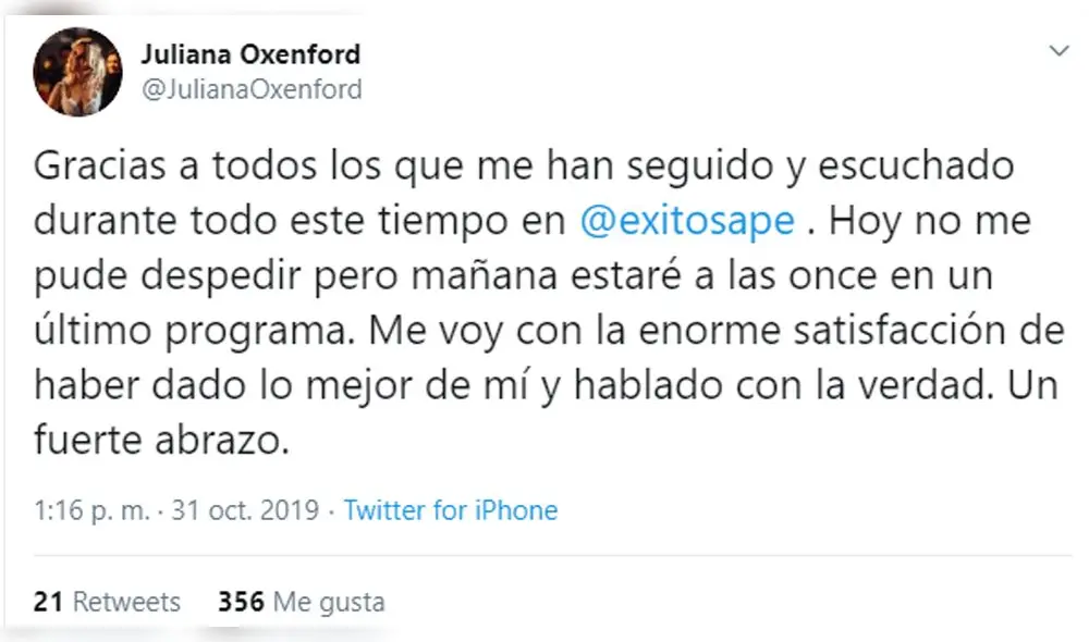 Juliana Oxenford agradece el apoyo de sus seguidores tras ser despedida de Exitosa