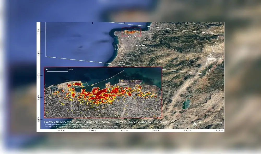 En rojo marcaron la zona más derruida tras la explosión en Beirut. Foto: NASA