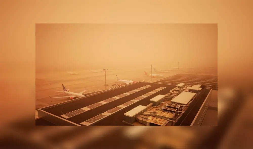 Este es el estado del aeropuerto de Gran Canaria con una gran tormenta de arena que imposibilita la salida de los aviones. Foto: Difusión.