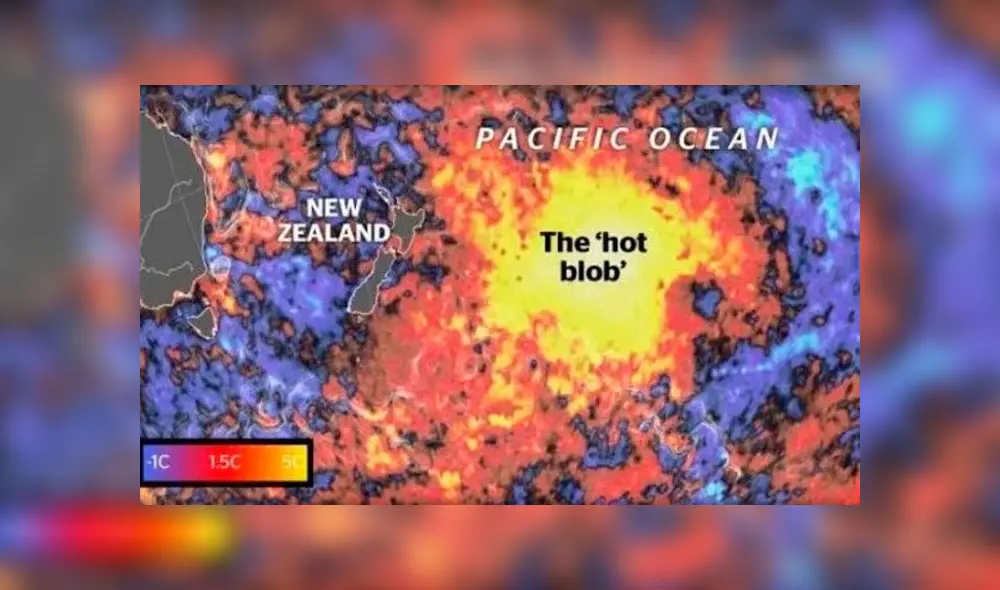 Hasta el momento, la zona central de esta 'burbuja caliente' está cinco grados por encima del promedio. Se observa su cercanía a Nueva Zelanda. Imagen: NZC. Hasta el momento, la zona central de esta 'burbuja caliente' está cinco grados por encima del promedio. Se observa su cercanía a Nueva Zelanda. Imagen: NZC.