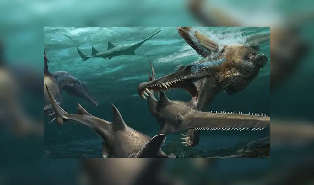 Ilustración del Spinosaurus cazando bajo el agua. Crédito: National Geographic.