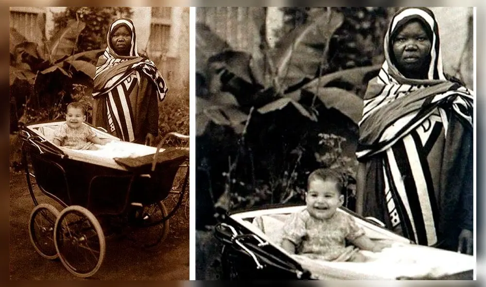 Fotografía de Freddie Mercury de bebé junto a su nana, Sabine. Crédito: Instagram