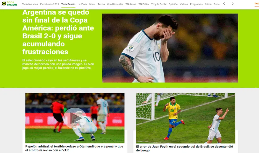 Prensa argentina reaccionó tras la eliminación de su selección ante Brasil en la Copa América 2019. | Foto: Toda Pasión Prensa argentina reaccionó tras la eliminación de su selección ante Brasil en la Copa América 2019. | Foto: Toda Pasión