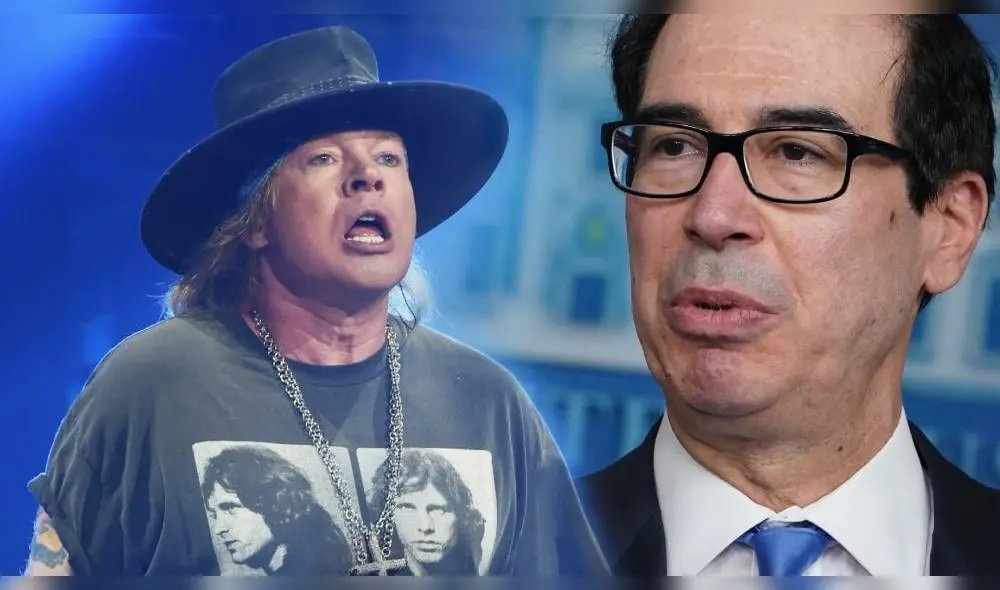 El vocalista de la mítica banda Guns N’ Roses insultó a Steve Mnuchin, secretario del tesoro público, en Twitter. (Foto: Composición / AFP) El vocalista de la mítica banda Guns N’ Roses insultó a Steve Mnuchin, secretario del tesoro público, en Twitter. (Foto: Composición / AFP)